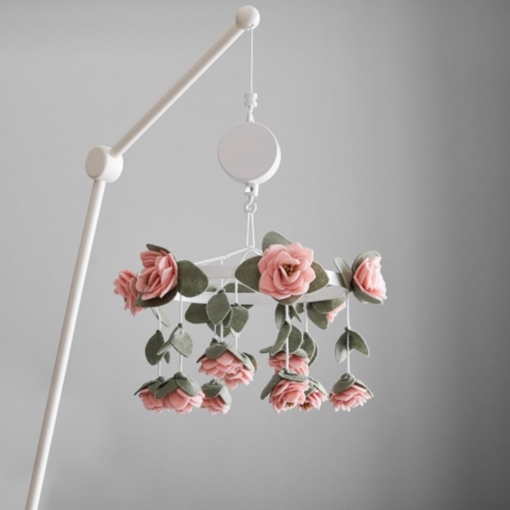 Pottery Barn felt roses baby mobile with white holder